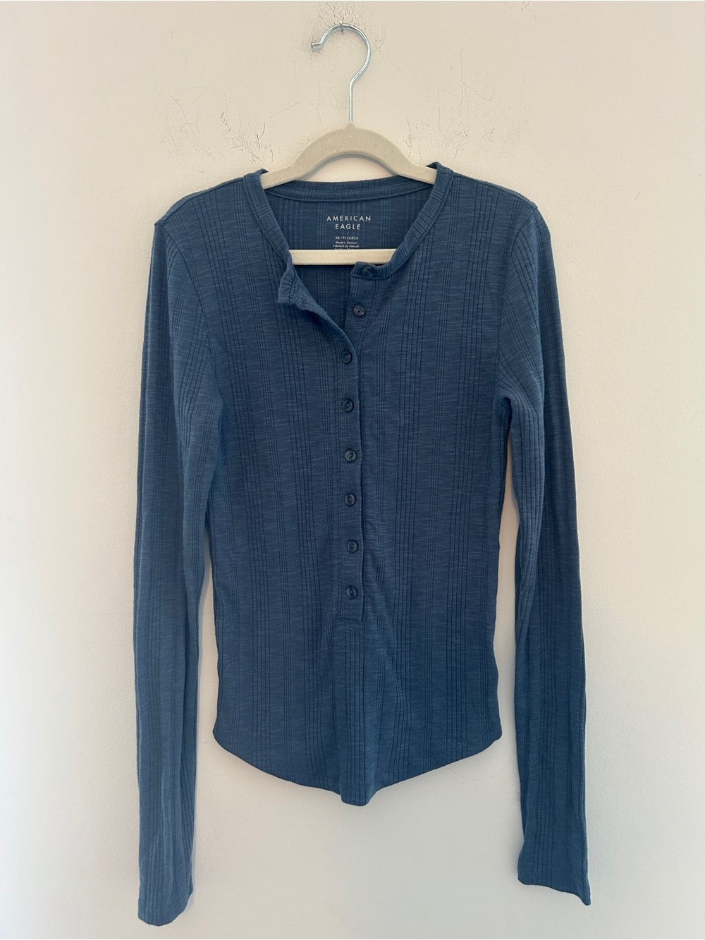 American Eagle Outfitters Blue Ribbed Henley Long-Sleeve Top